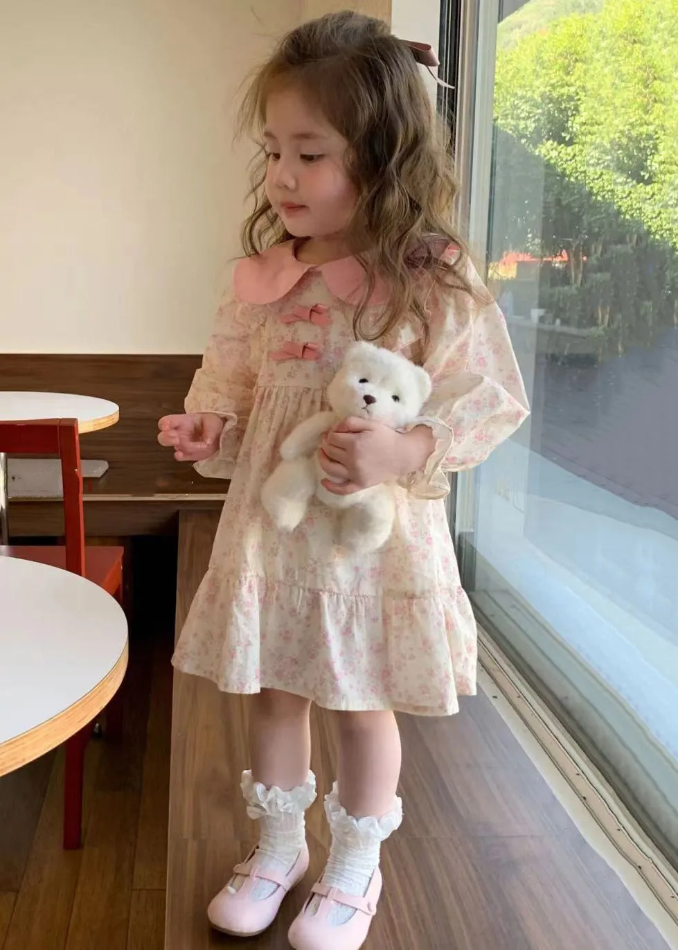 Elegant Pink Print Patchwork Cotton Girls Dress Long Sleeve XZ014