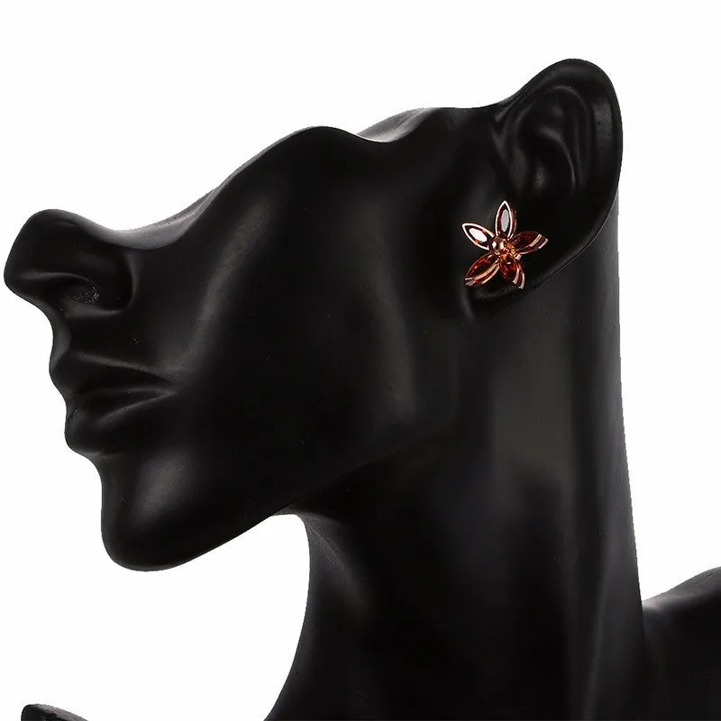 Elegant Red Orange Flower Rose Gold CZ Crystal Stud Earring