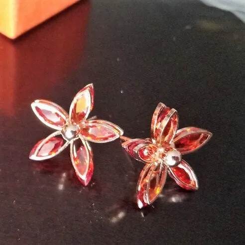 Elegant Red Orange Flower Rose Gold CZ Crystal Stud Earring