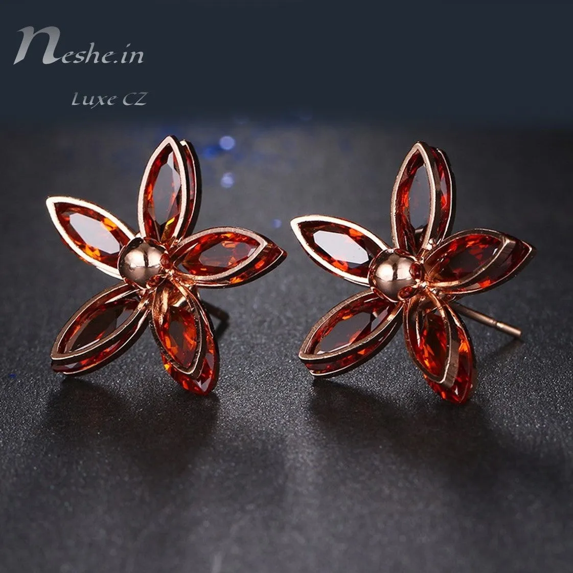 Elegant Red Orange Flower Rose Gold CZ Crystal Stud Earring