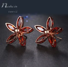 Elegant Red Orange Flower Rose Gold CZ Crystal Stud Earring