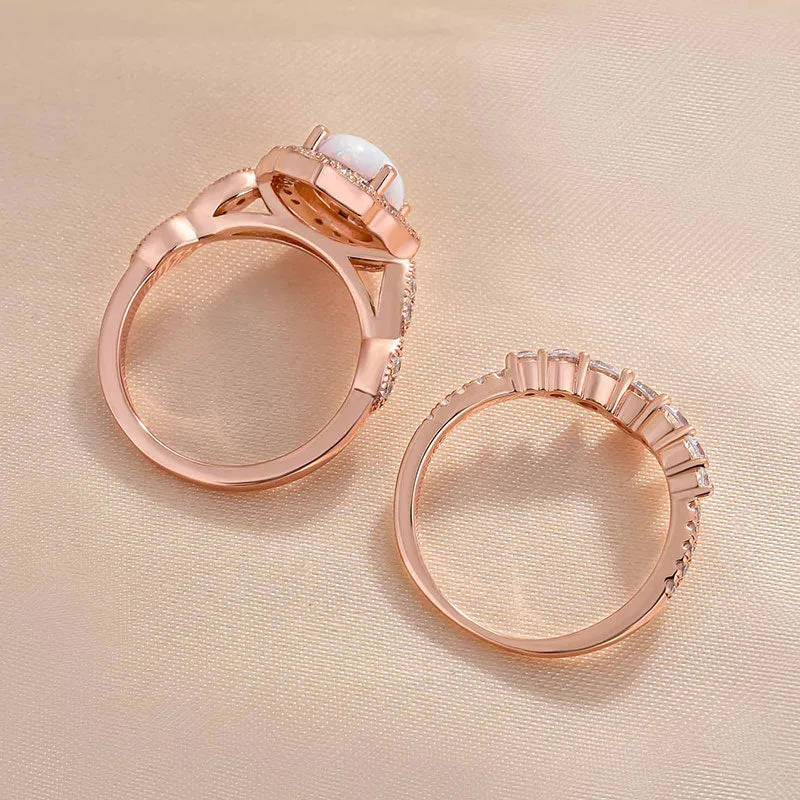 Elegant Rose Golden Tone Oval Cut Opal Bridal Set In Sterling Silver