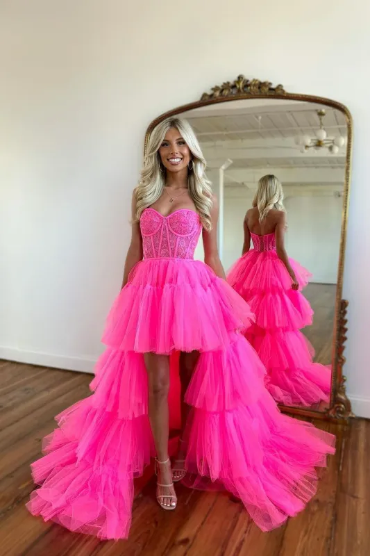 Elegant Rose Prom Dress With Sleeveless Gown and Tulle Train