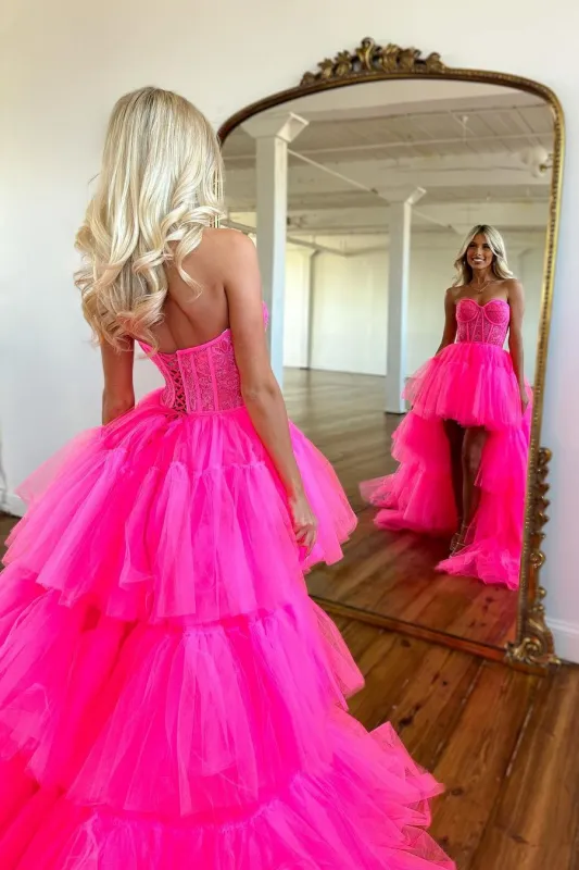 Elegant Rose Prom Dress With Sleeveless Gown and Tulle Train