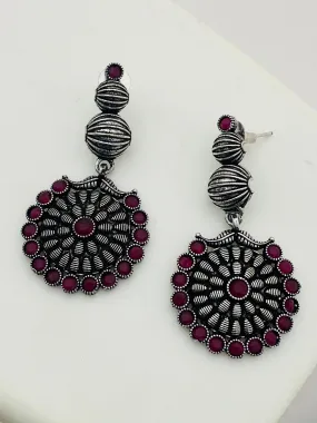 Elegant Ruby Stone Studded Silver Toned Designer Oxidized Long Earrings