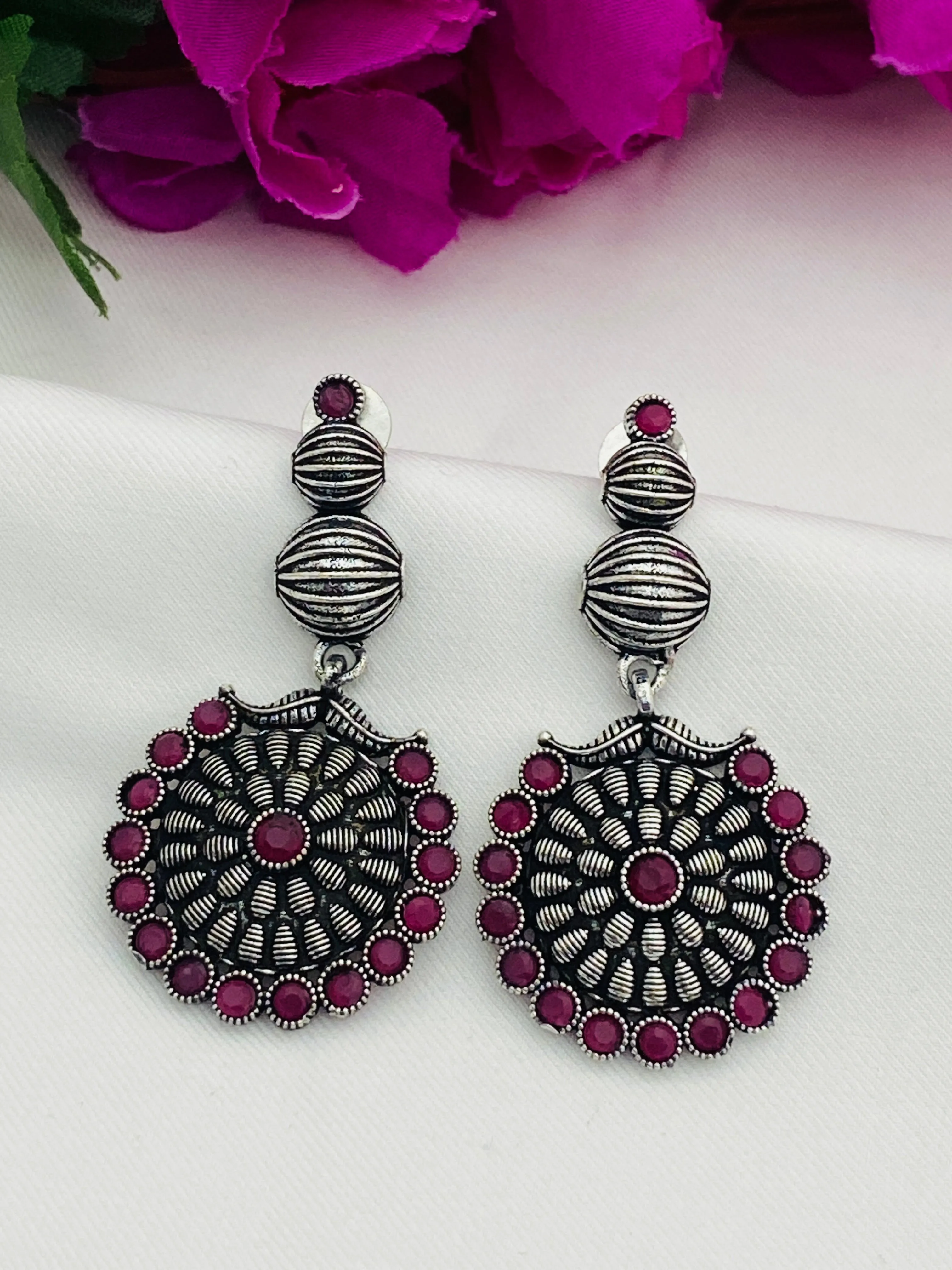 Elegant Ruby Stone Studded Silver Toned Designer Oxidized Long Earrings