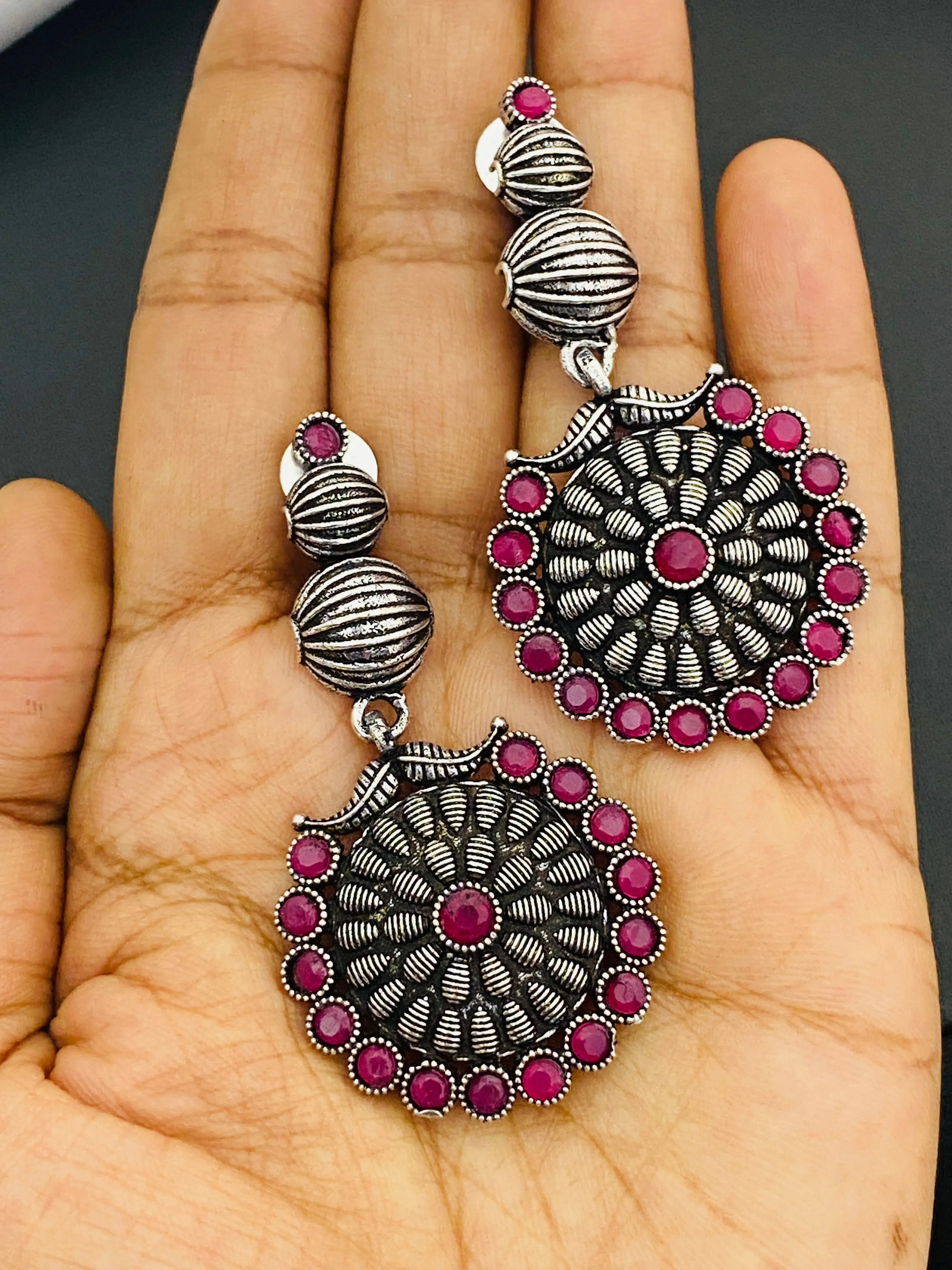 Elegant Ruby Stone Studded Silver Toned Designer Oxidized Long Earrings