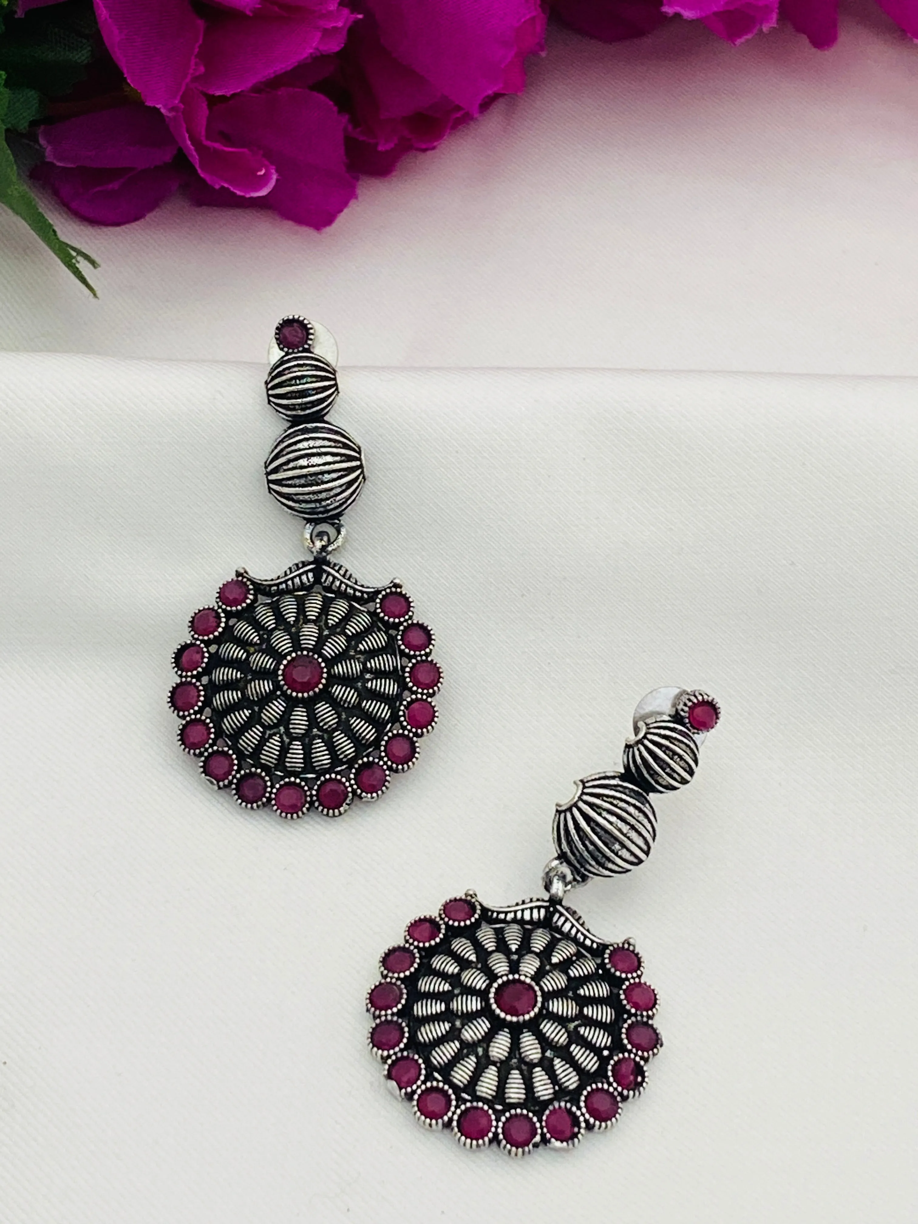 Elegant Ruby Stone Studded Silver Toned Designer Oxidized Long Earrings