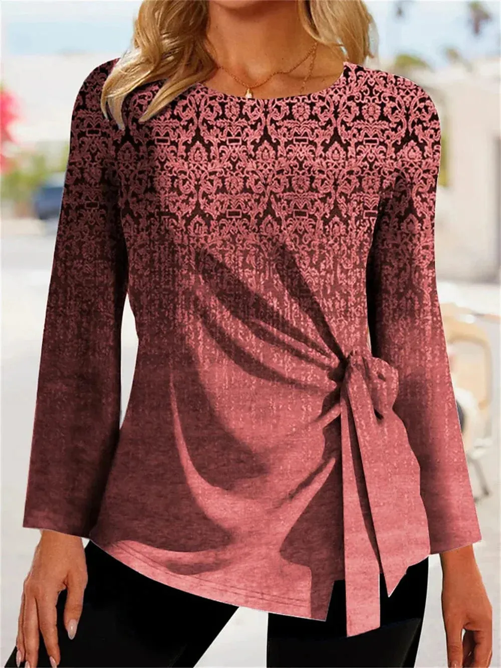 Elegant Vintage Lace-Up Graphic Print Women's Shirt