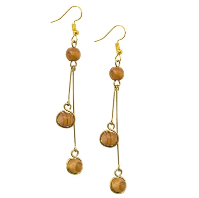 Elegant Wood and Brass Beaded Drop Earrings from Kenya