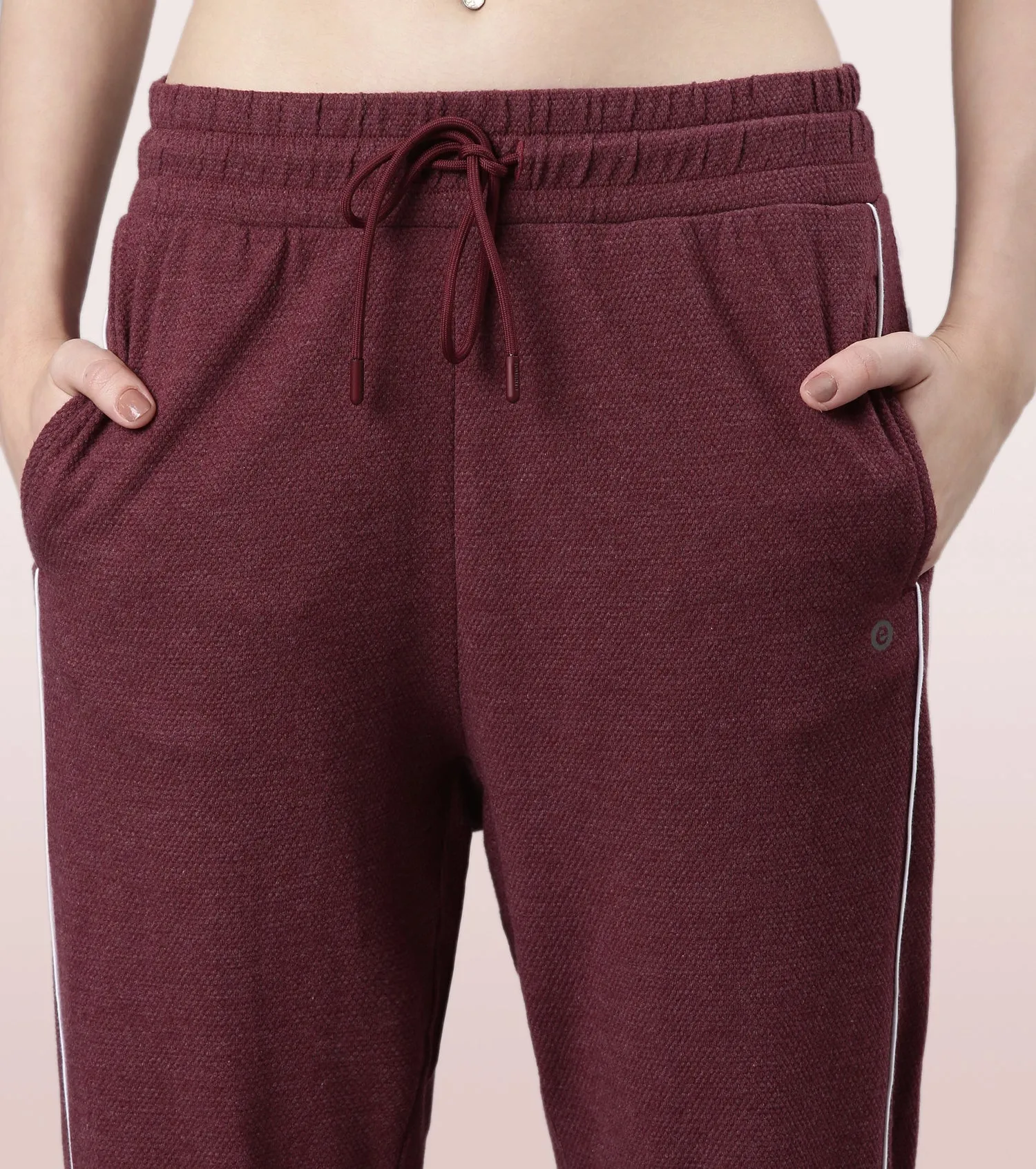 Enamor Relaxed Fit Popcorn Fabric Jogger For Women | Mid Rise Regular Length Piping Jogger | E403