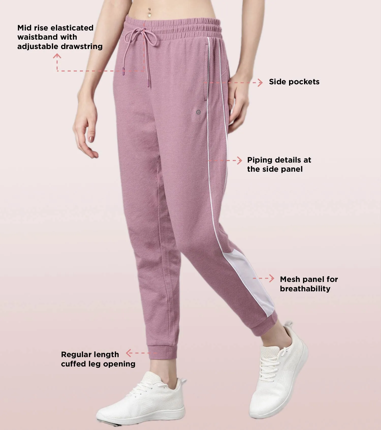 Enamor Relaxed Fit Popcorn Fabric Jogger For Women | Mid Rise Regular Length Piping Jogger | E403