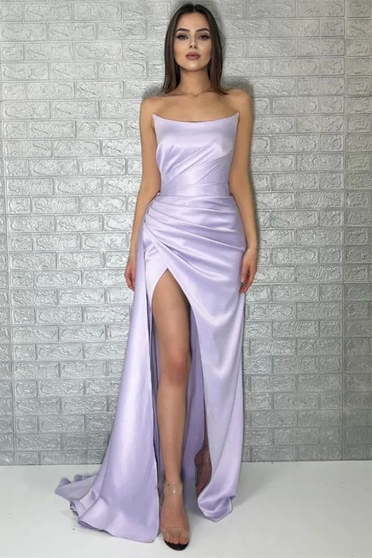 Exquisite Lavender Mermaid Prom Dress Featuring Sleeveless Strapless Design and Elegant Split Detail