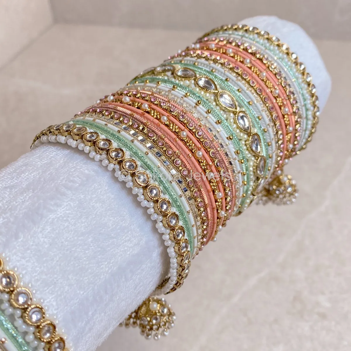 Faux Kundan Jhumka Bangle Set - Nude Multi Shade