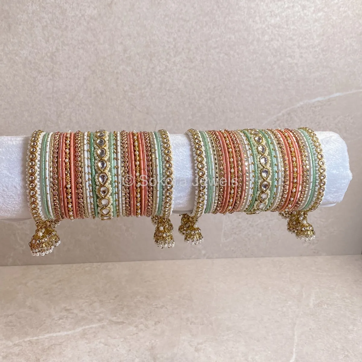 Faux Kundan Jhumka Bangle Set - Nude Multi Shade