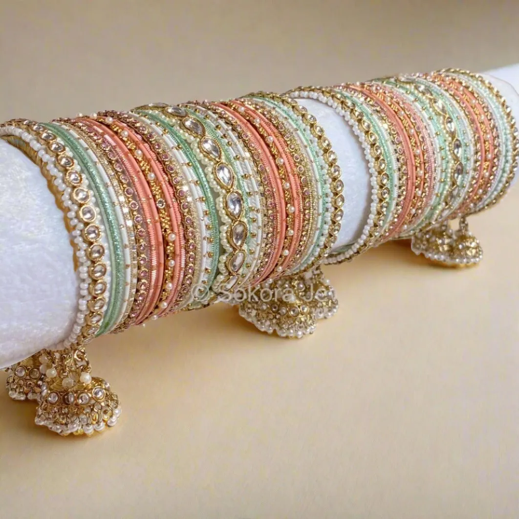 Faux Kundan Jhumka Bangle Set - Nude Multi Shade