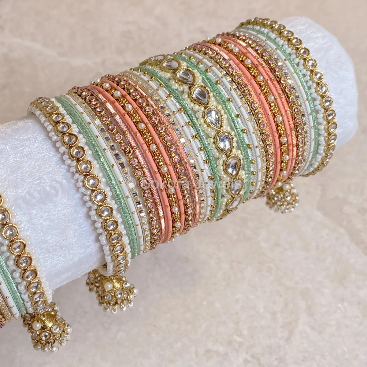 Faux Kundan Jhumka Bangle Set - Nude Multi Shade