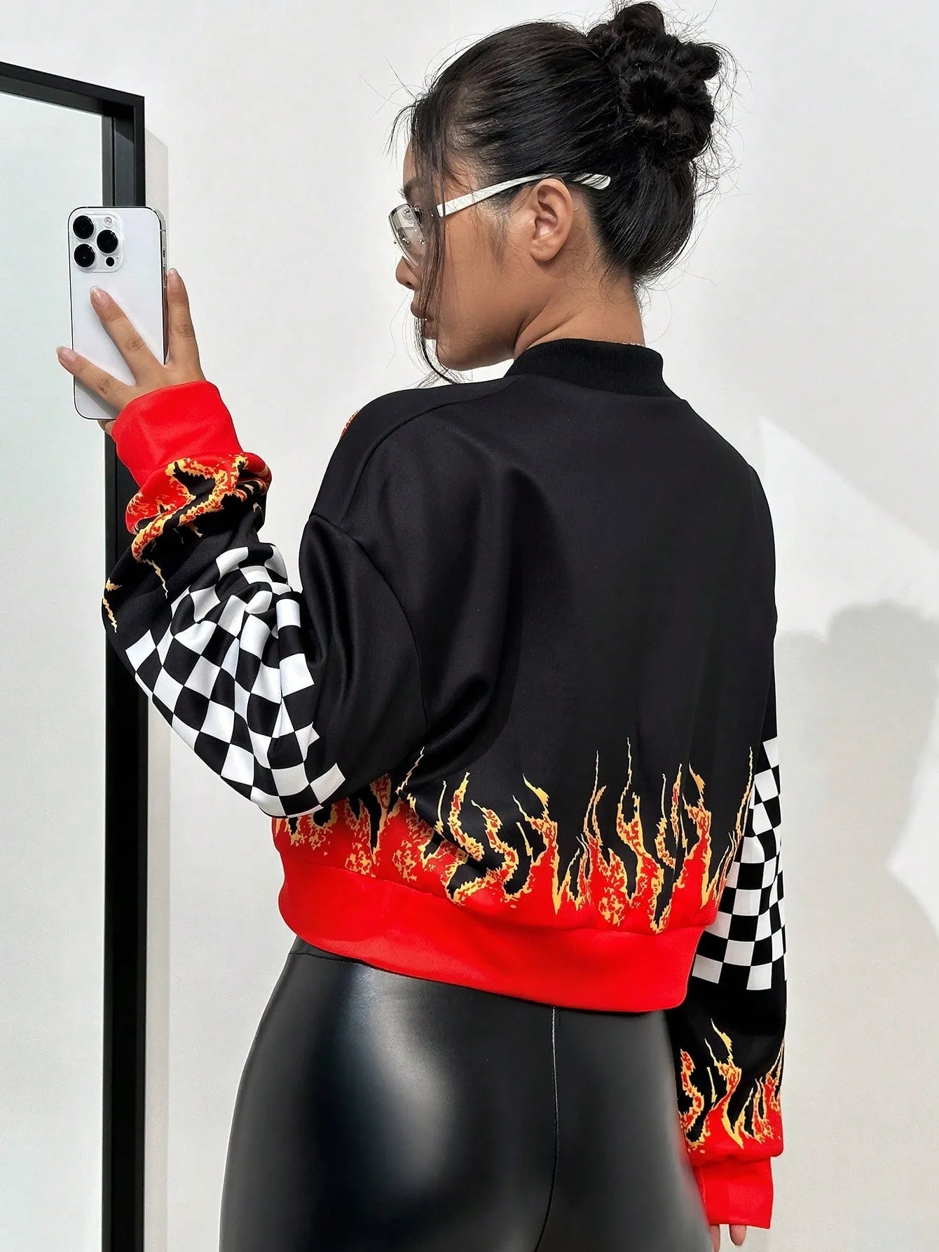 Flame Design Zip Up Crop Jacket