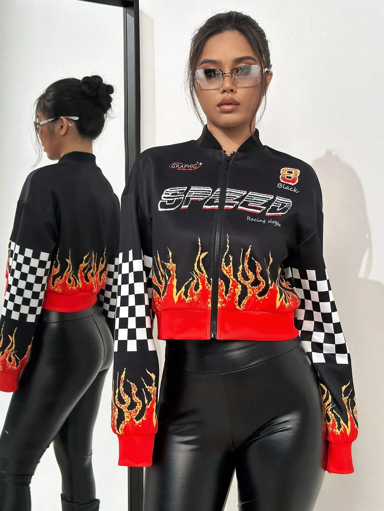 Flame Design Zip Up Crop Jacket