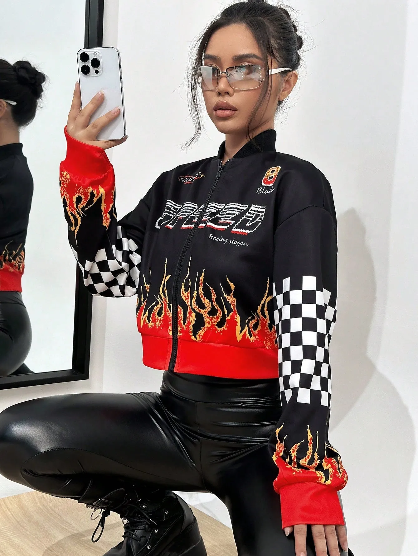 Flame Design Zip Up Crop Jacket