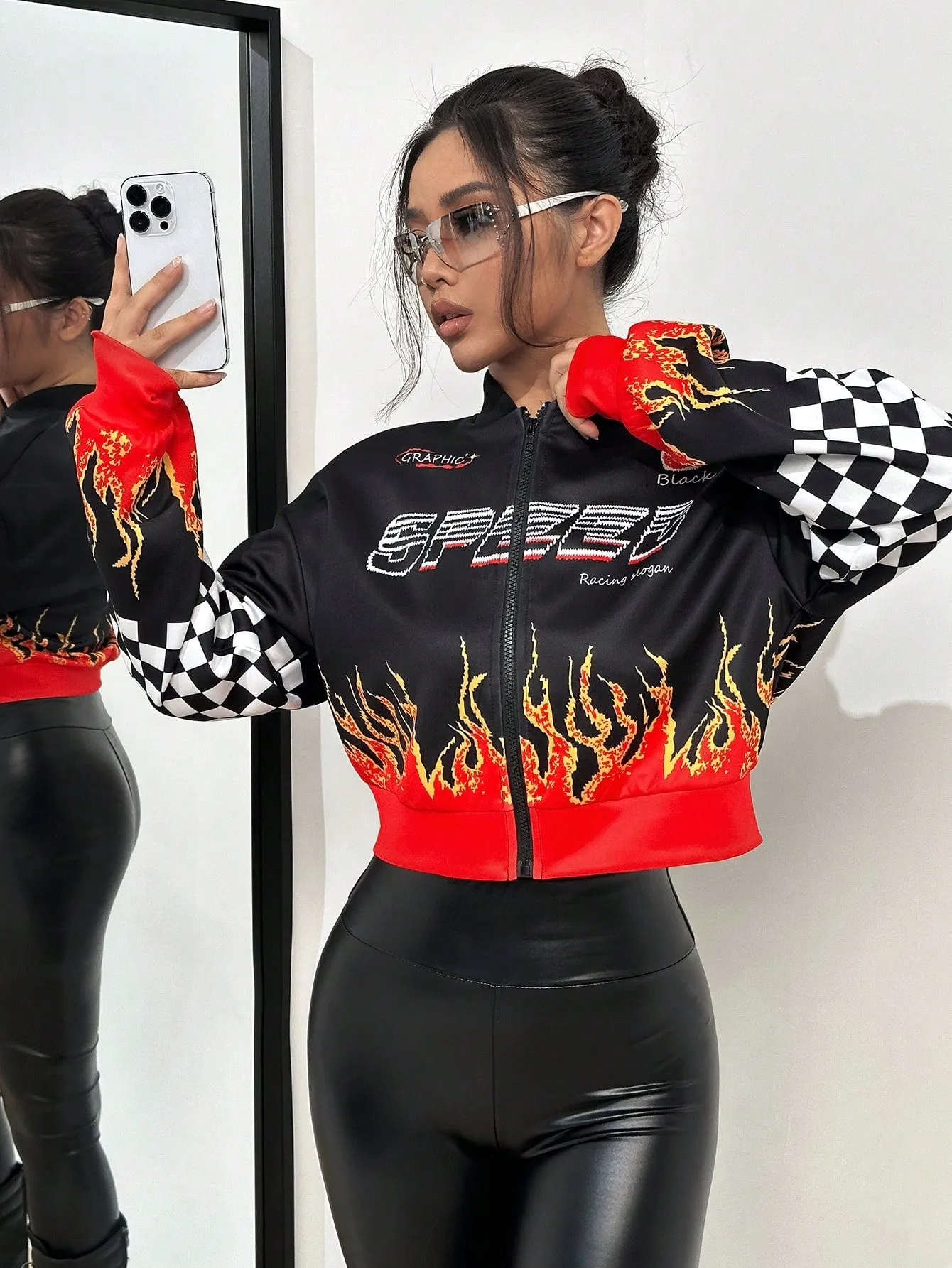 Flame Design Zip Up Crop Jacket