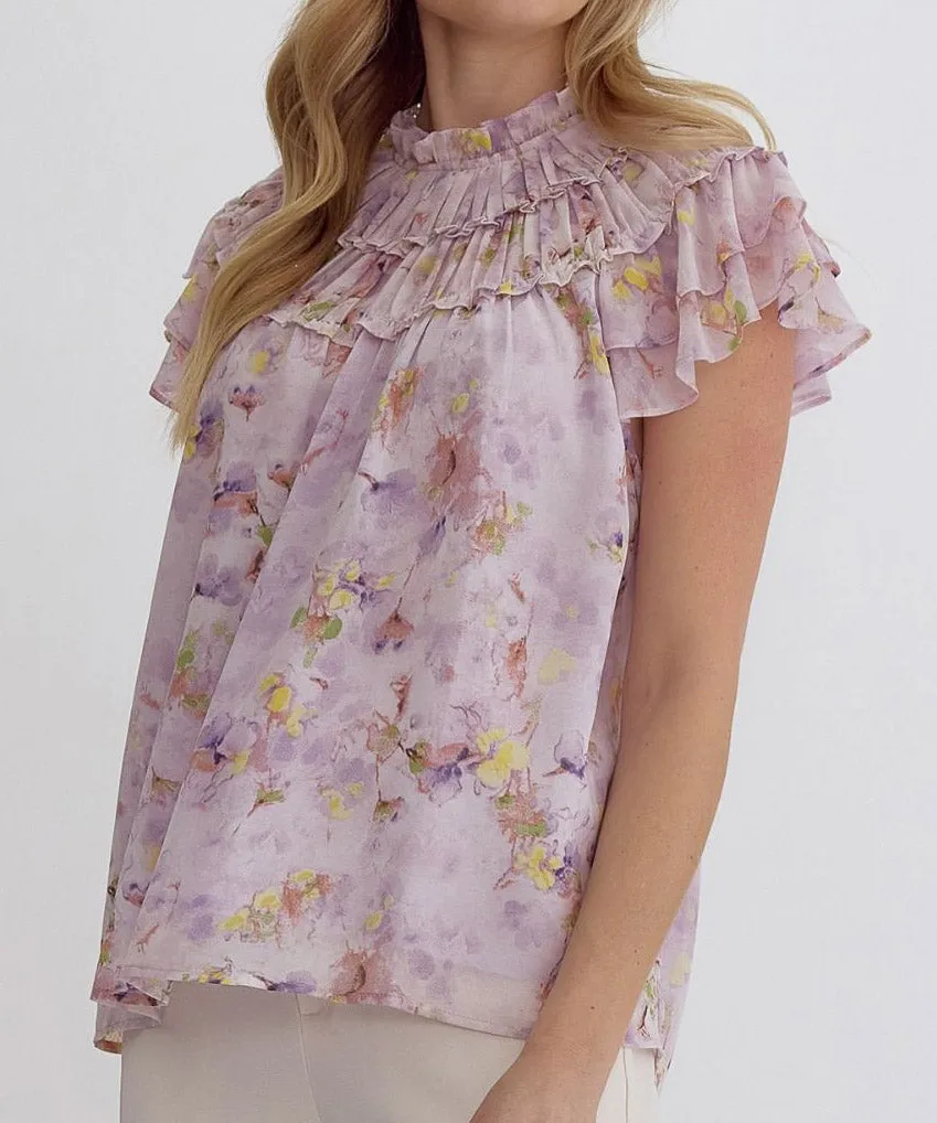 Floral Print Ruffle Sleeve Top - Lavender