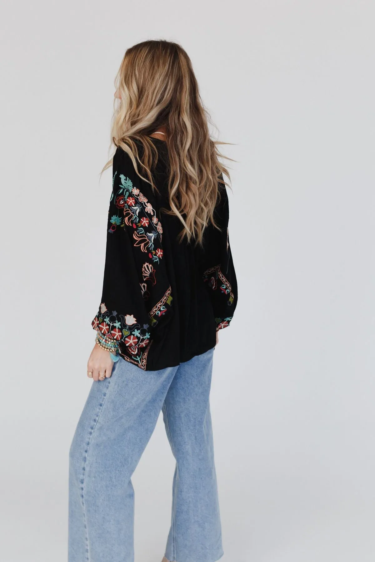 Frida Embroidered Dolman Sleeve Top - Black