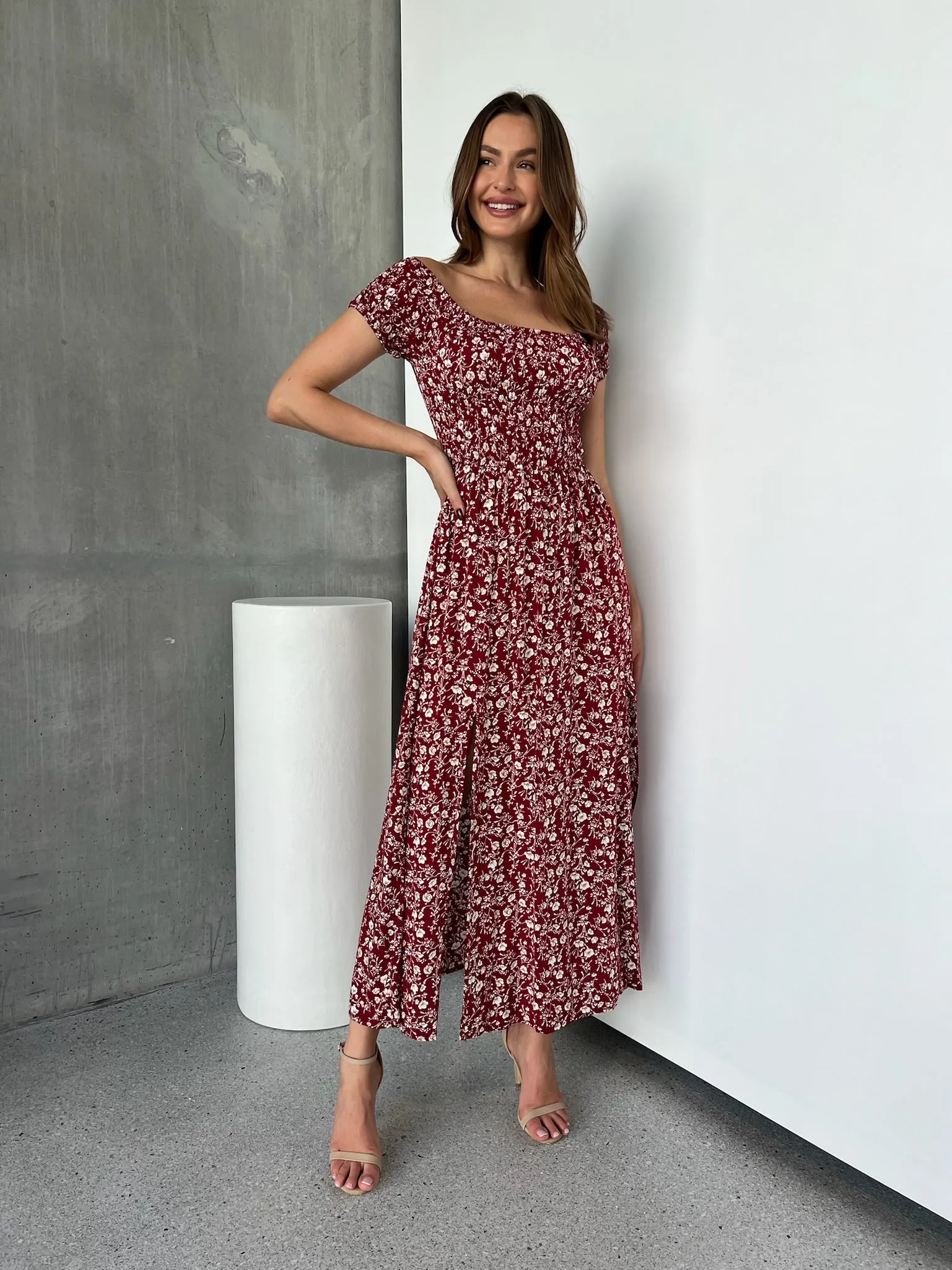 Gigi Off Shoulder Red Ditsy Print Shirred Maxi Dress