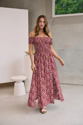 Gigi Off Shoulder Red Ditsy Print Shirred Maxi Dress