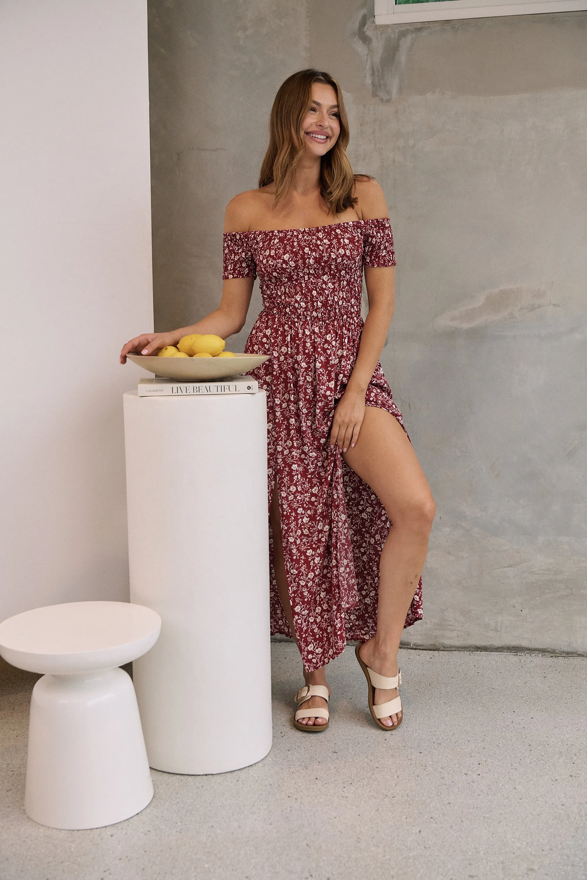 Gigi Off Shoulder Red Ditsy Print Shirred Maxi Dress