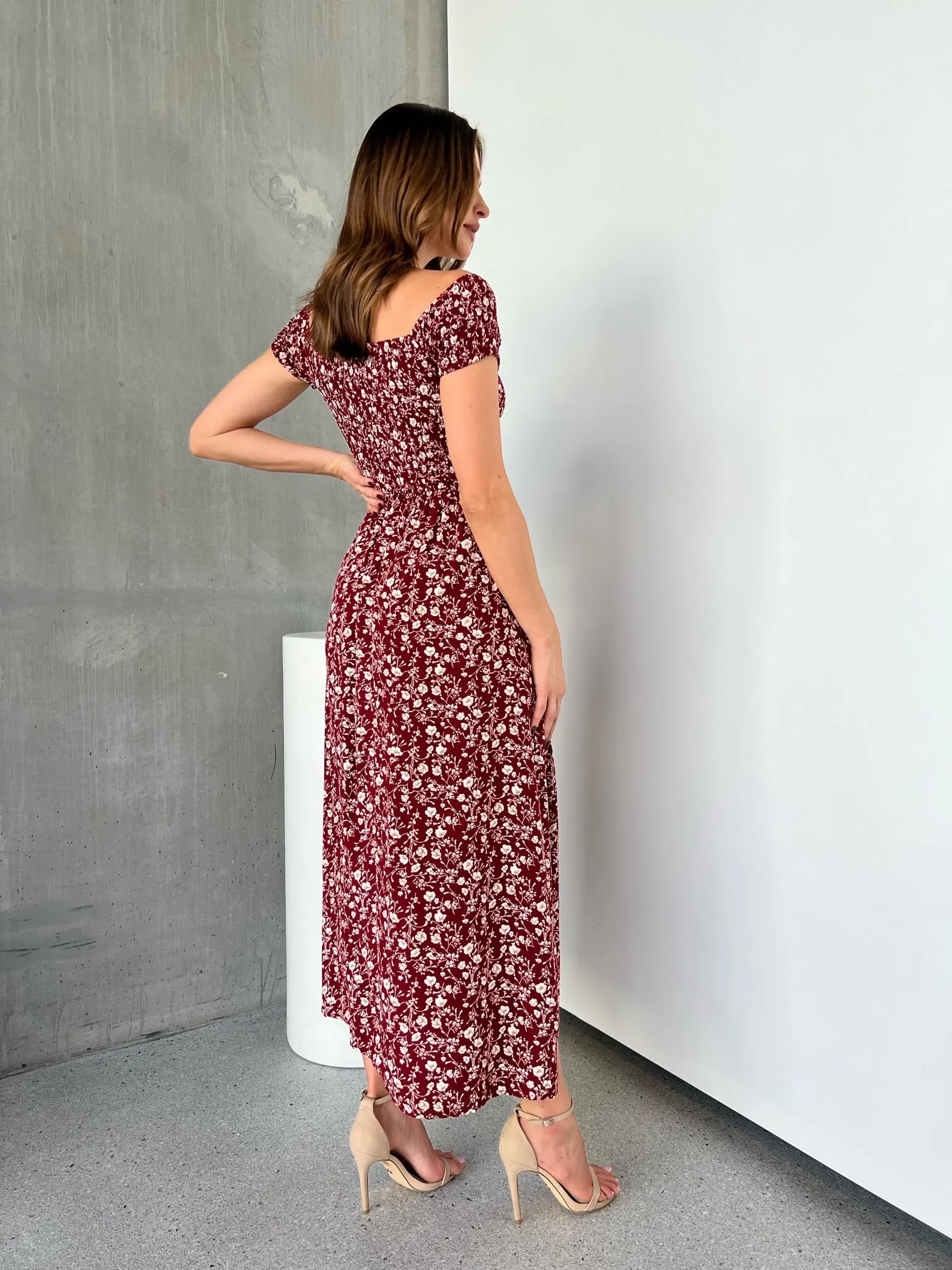 Gigi Off Shoulder Red Ditsy Print Shirred Maxi Dress