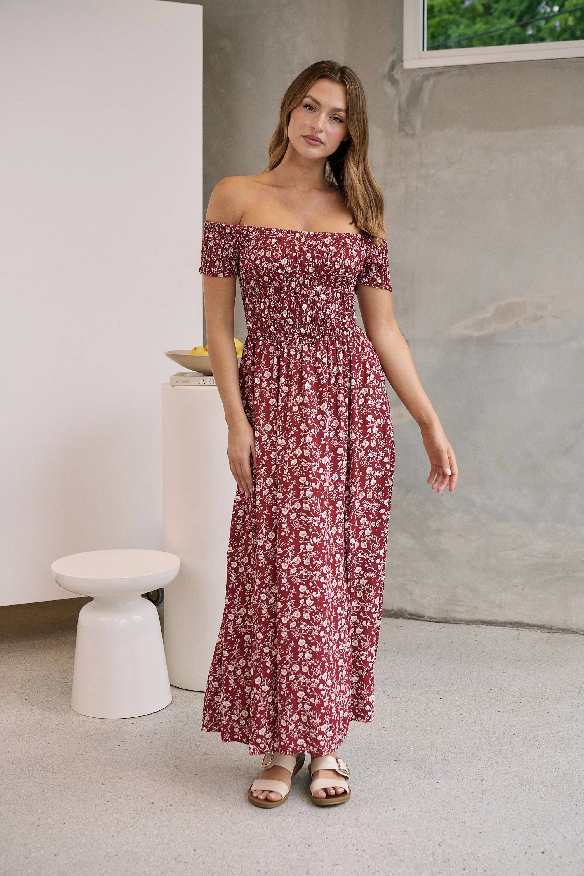 Gigi Off Shoulder Red Ditsy Print Shirred Maxi Dress