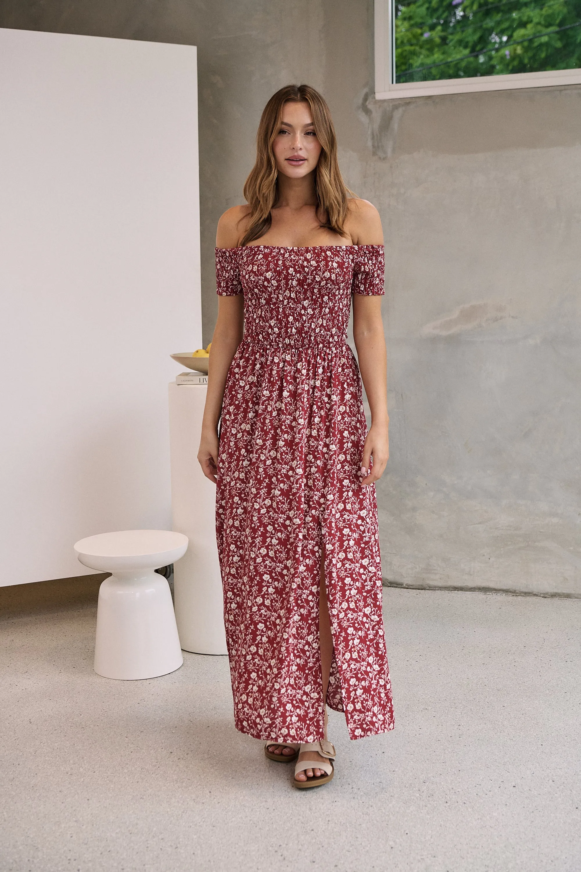 Gigi Off Shoulder Red Ditsy Print Shirred Maxi Dress