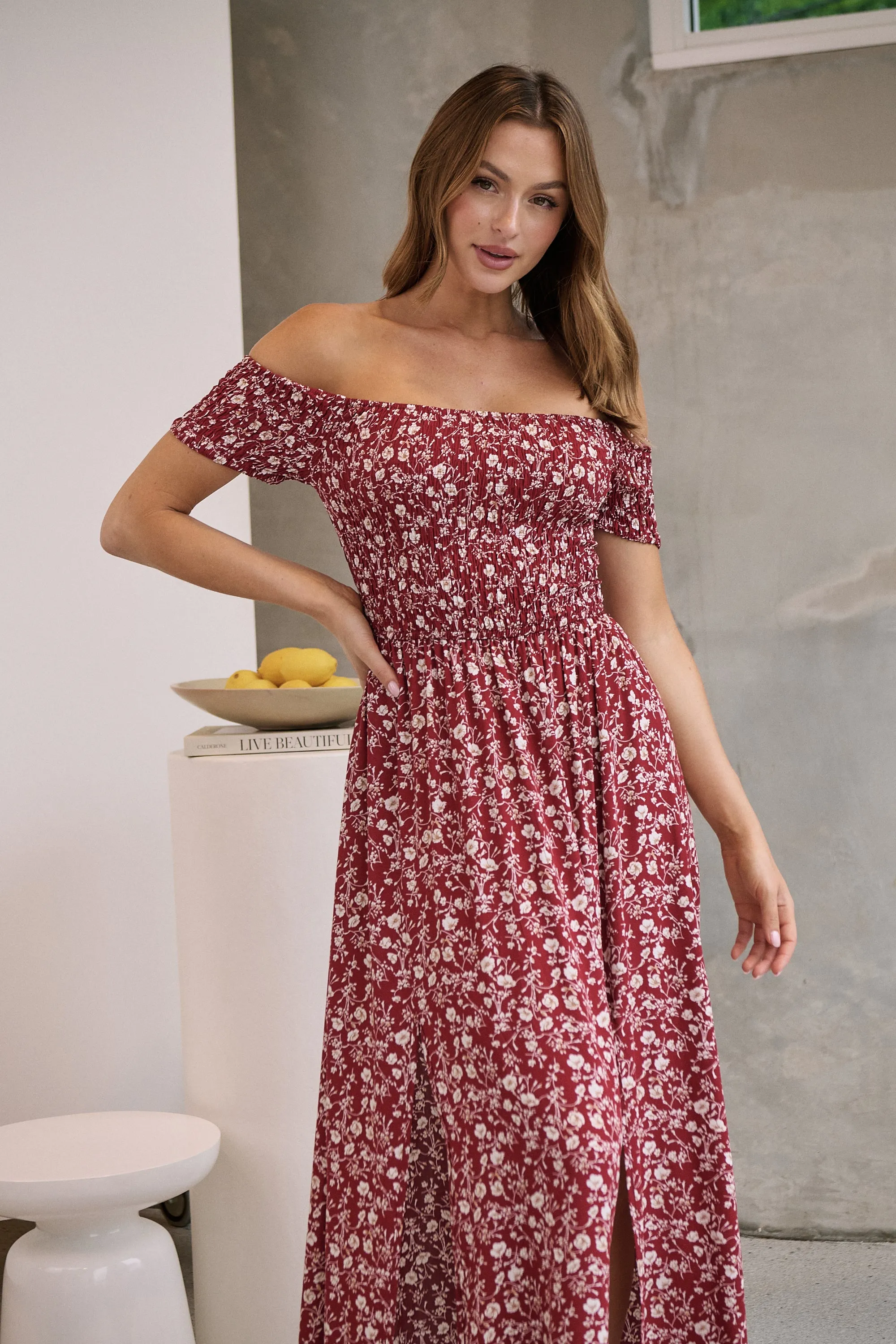 Gigi Off Shoulder Red Ditsy Print Shirred Maxi Dress