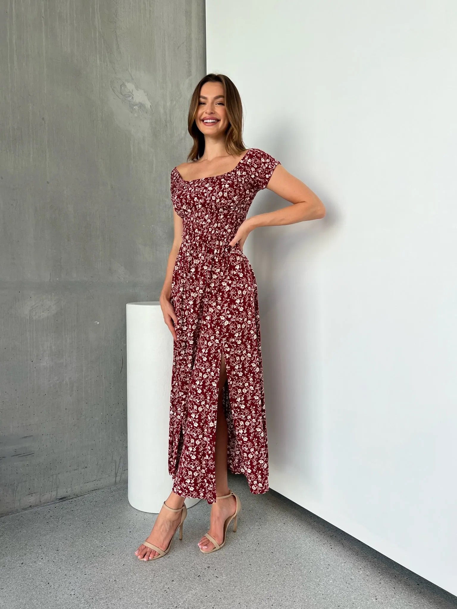 Gigi Off Shoulder Red Ditsy Print Shirred Maxi Dress