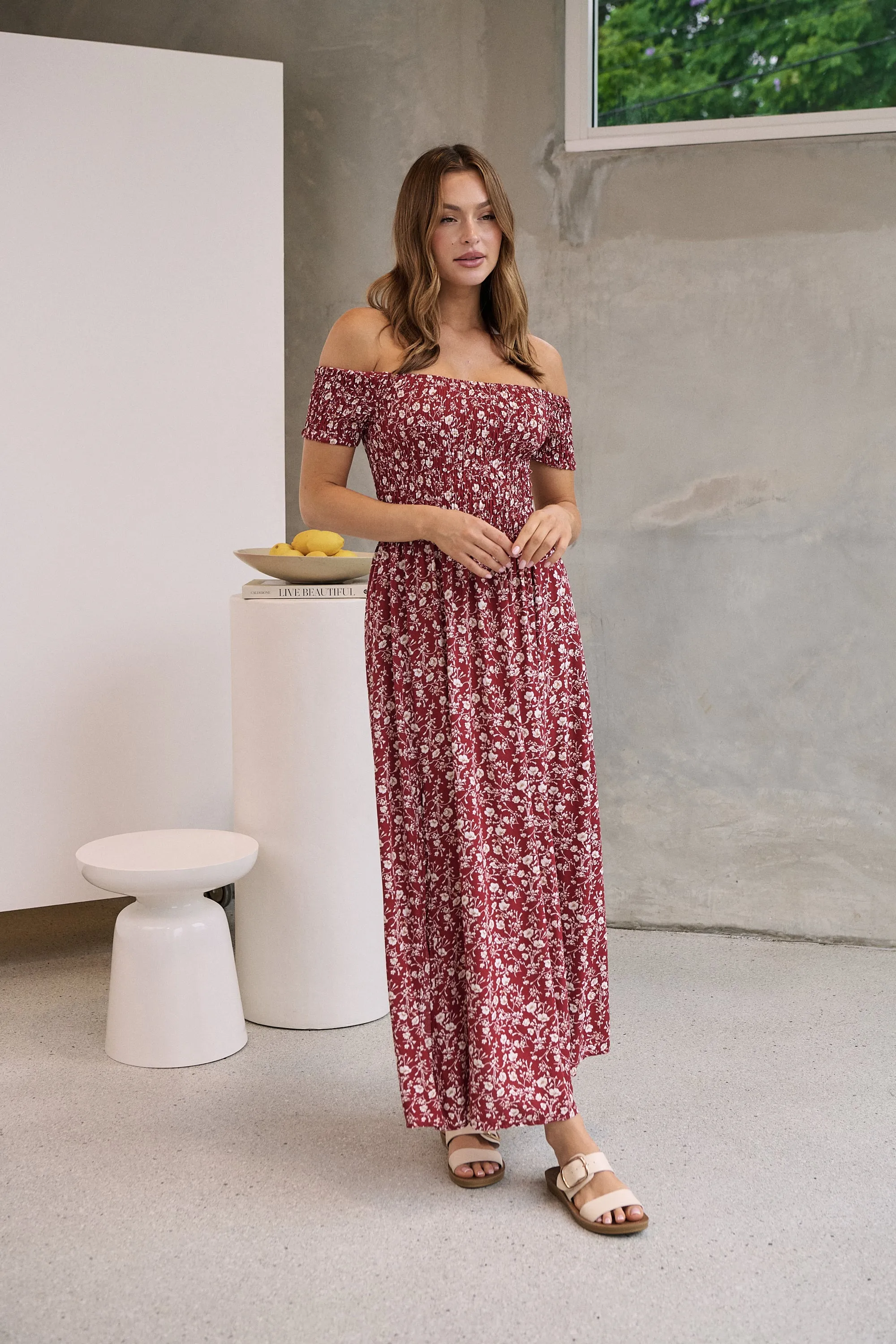 Gigi Off Shoulder Red Ditsy Print Shirred Maxi Dress