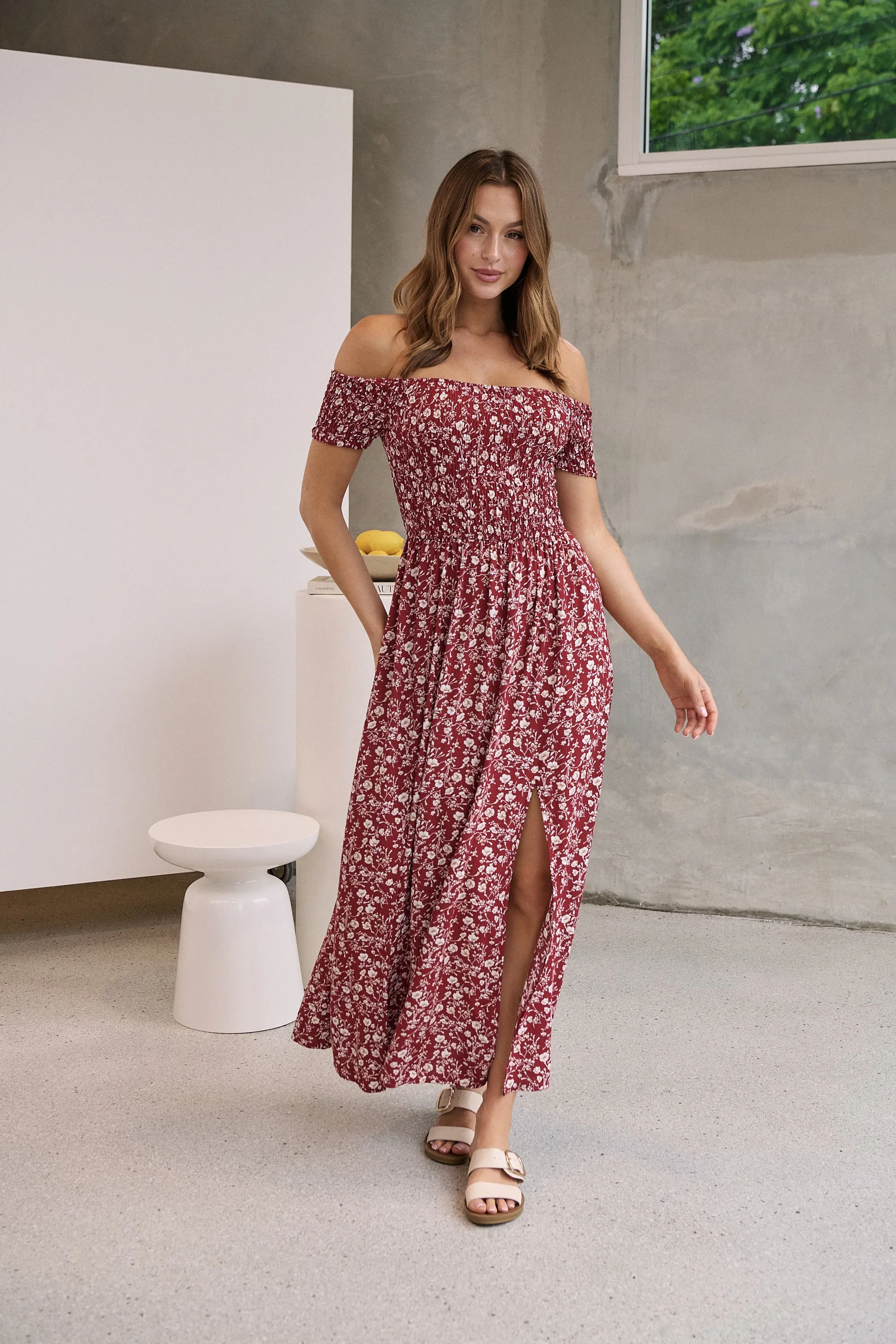 Gigi Off Shoulder Red Ditsy Print Shirred Maxi Dress