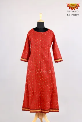 Girls Marron Hand Block Printed Ajrakh Kurti