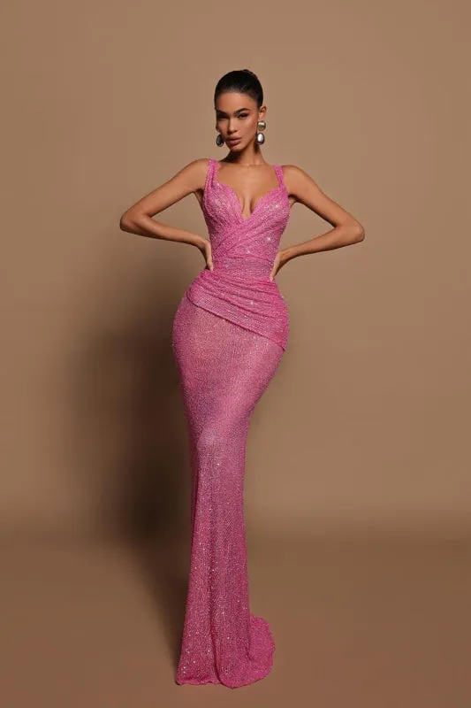 Glamorous Pink Sequin Mermaid Prom Dress with V-Neck and Sleeveless Design