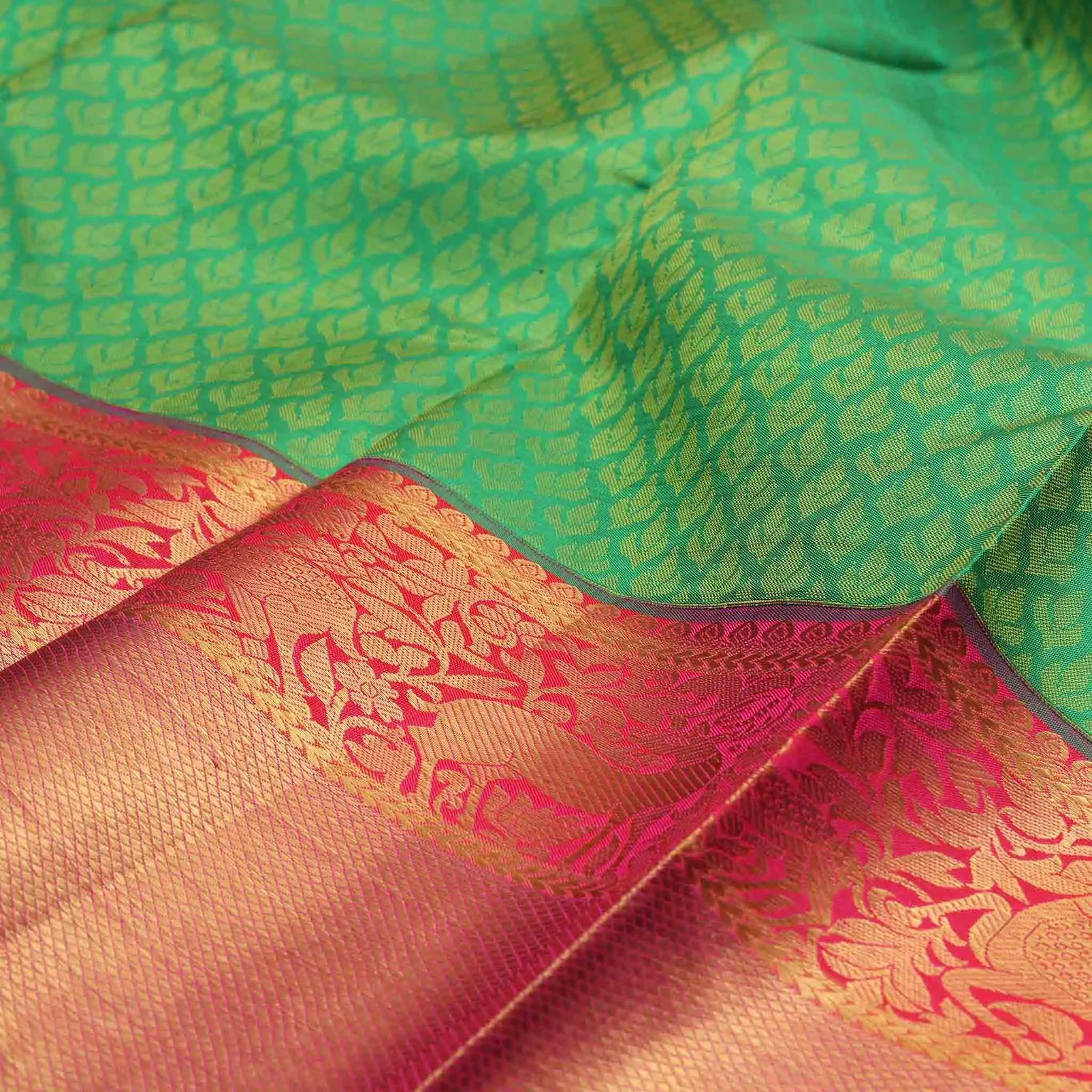 Handwoven Green with Red Kanjivaram Silk Saree - 222N000490DSA