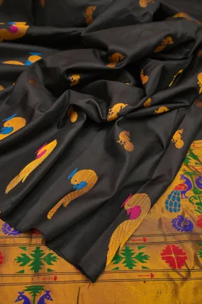 Jet Black Color Pure Gadwal Silk Saree with Meenakari & Paithani Design Border