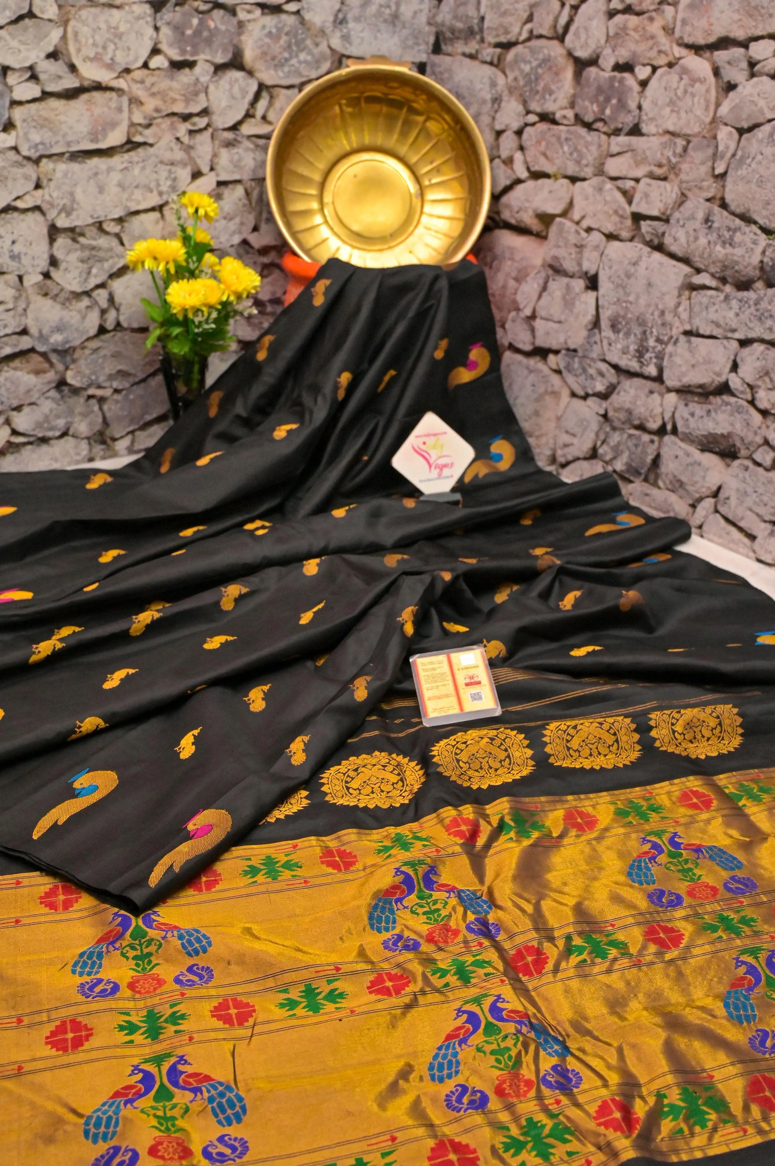 Jet Black Color Pure Gadwal Silk Saree with Meenakari & Paithani Design Border