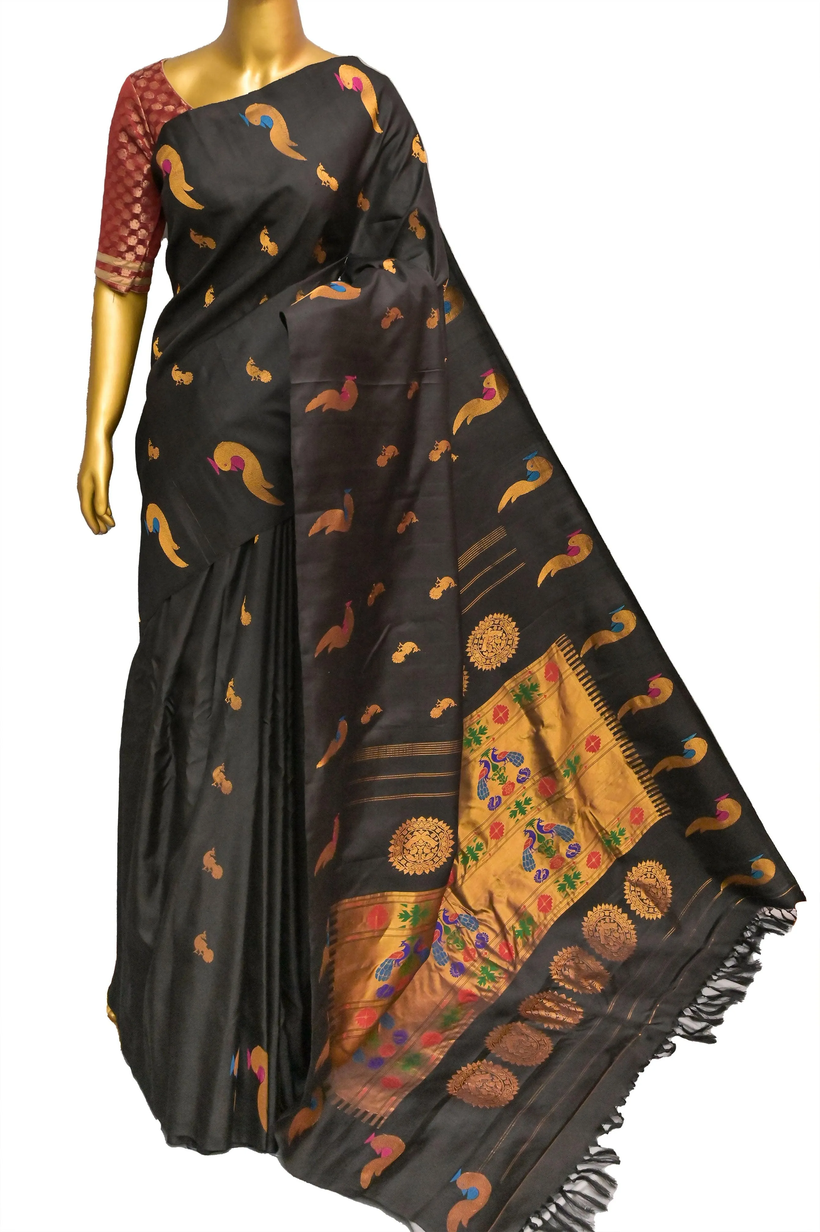 Jet Black Color Pure Gadwal Silk Saree with Meenakari & Paithani Design Border