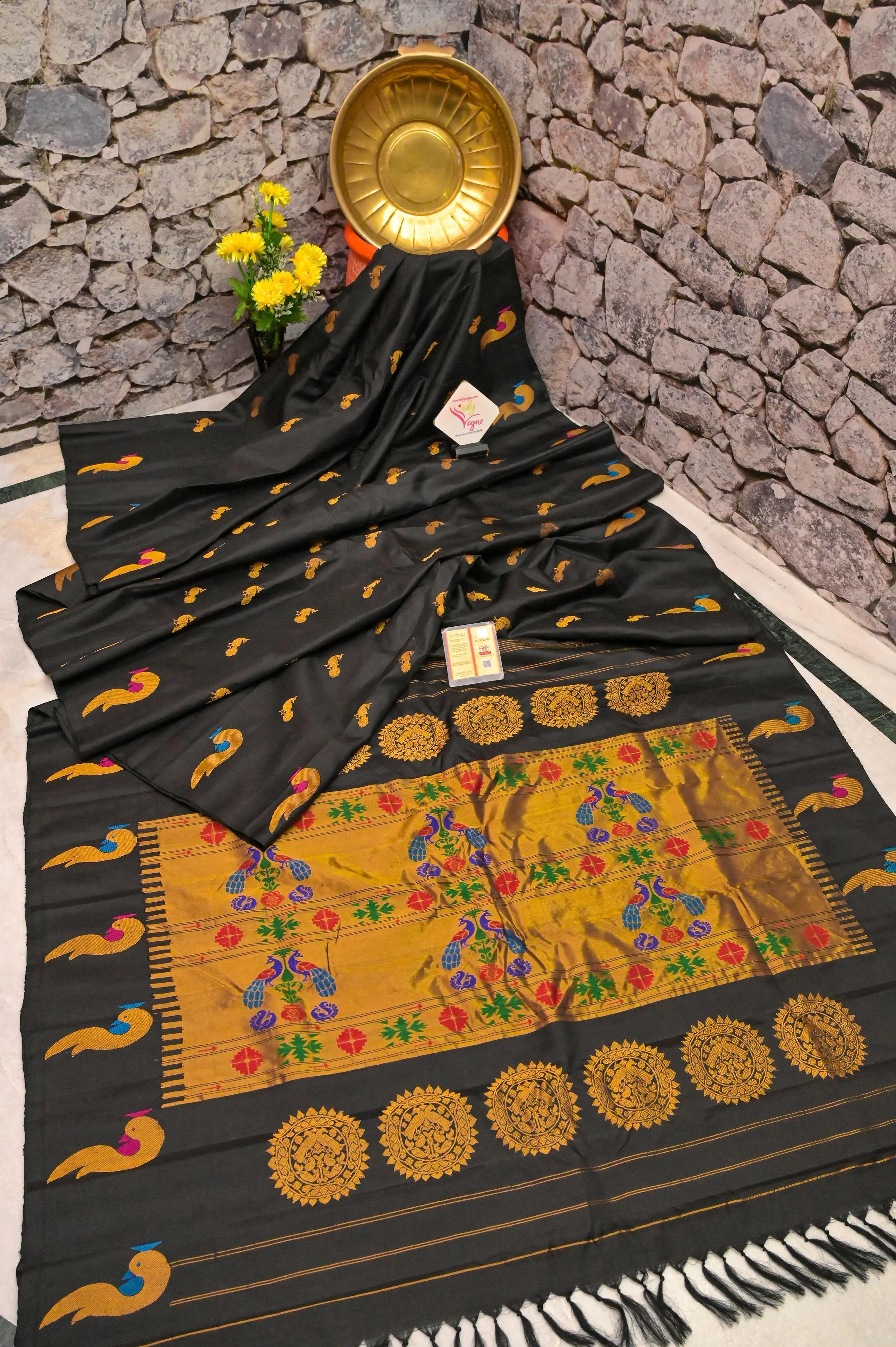 Jet Black Color Pure Gadwal Silk Saree with Meenakari & Paithani Design Border