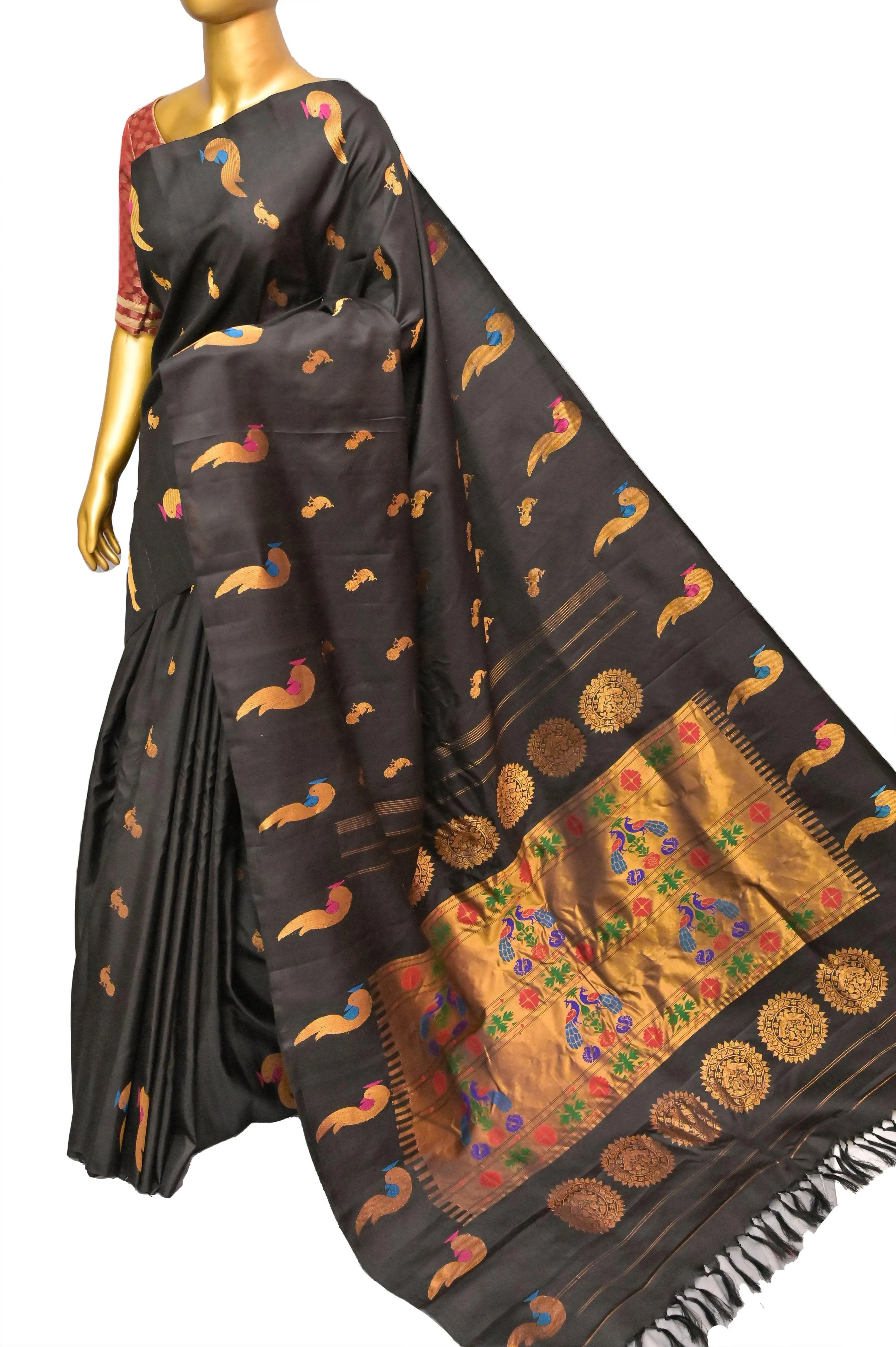 Jet Black Color Pure Gadwal Silk Saree with Meenakari & Paithani Design Border