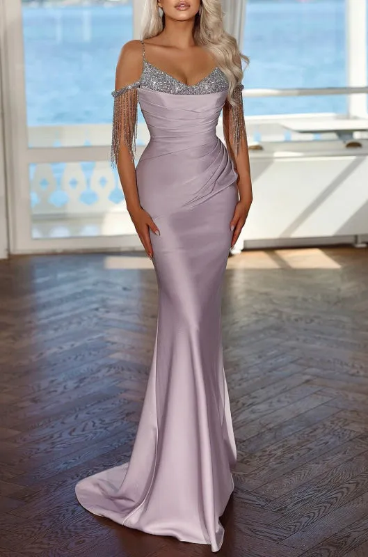 Lavender Sequined Spaghetti Strap Evening Dress with Elegant Pleated Tassel