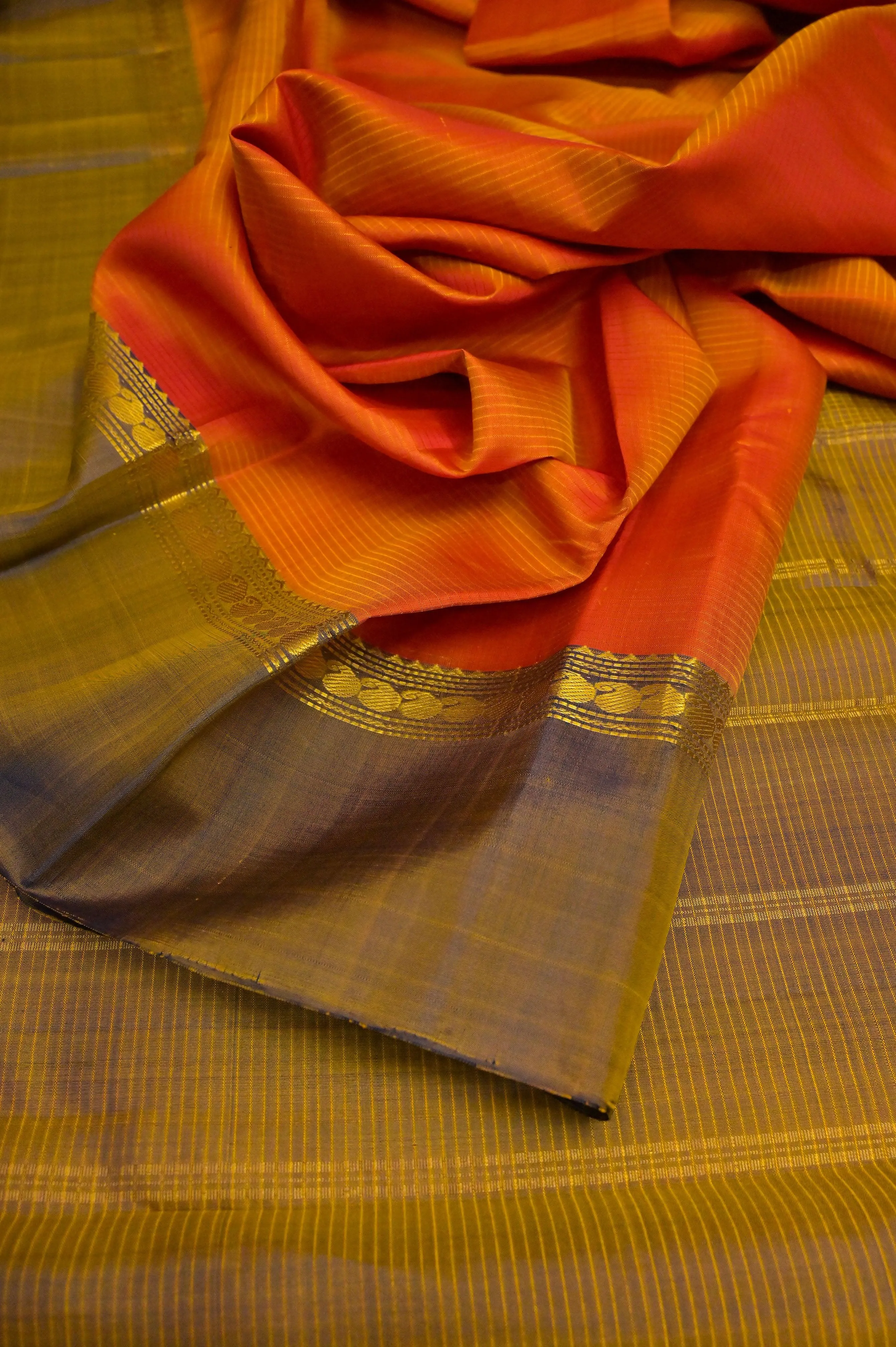 Light Orange and Yellow Dual Tone Kanjeevaram Silk with Stripes