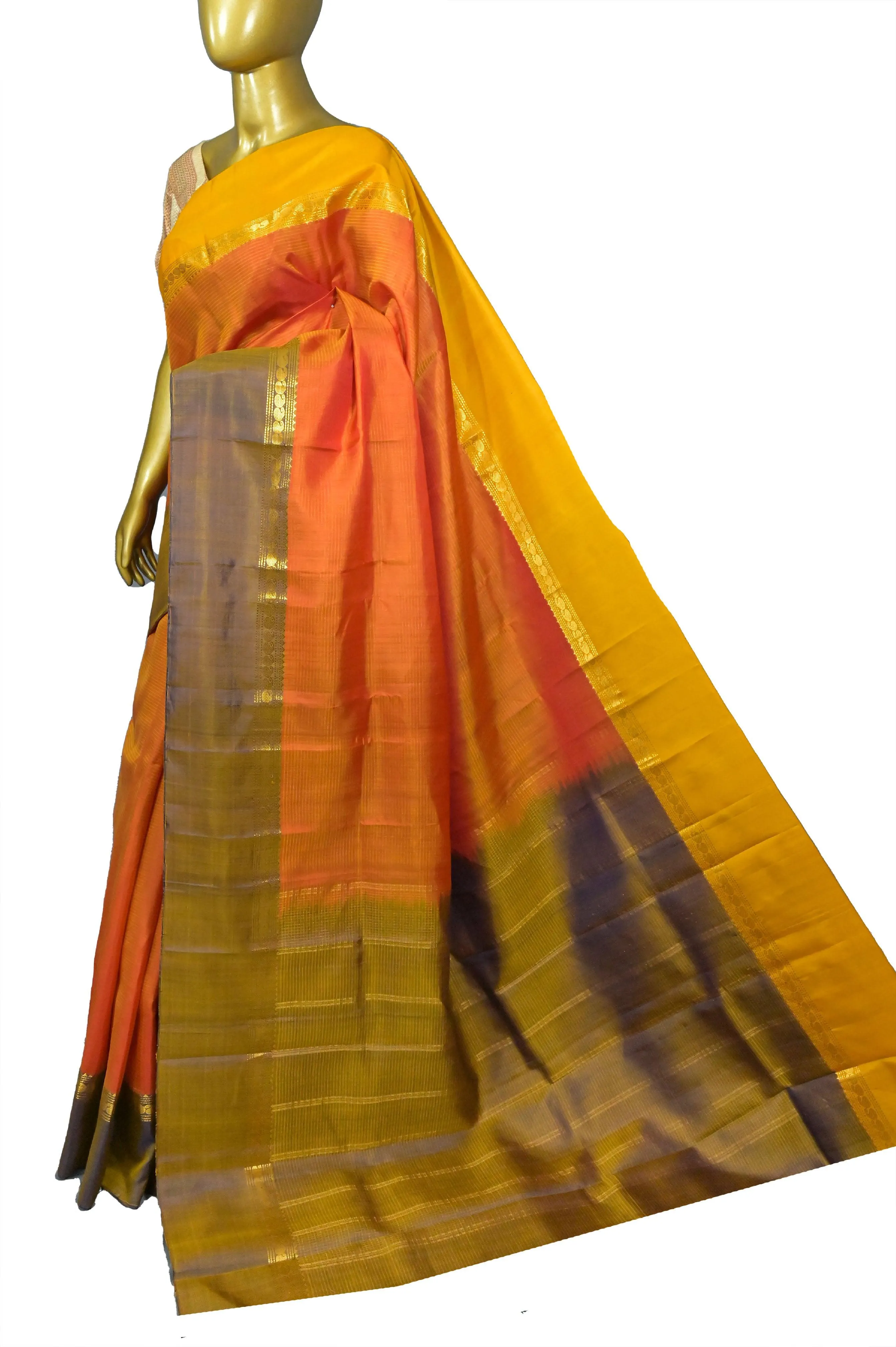 Light Orange and Yellow Dual Tone Kanjeevaram Silk with Stripes