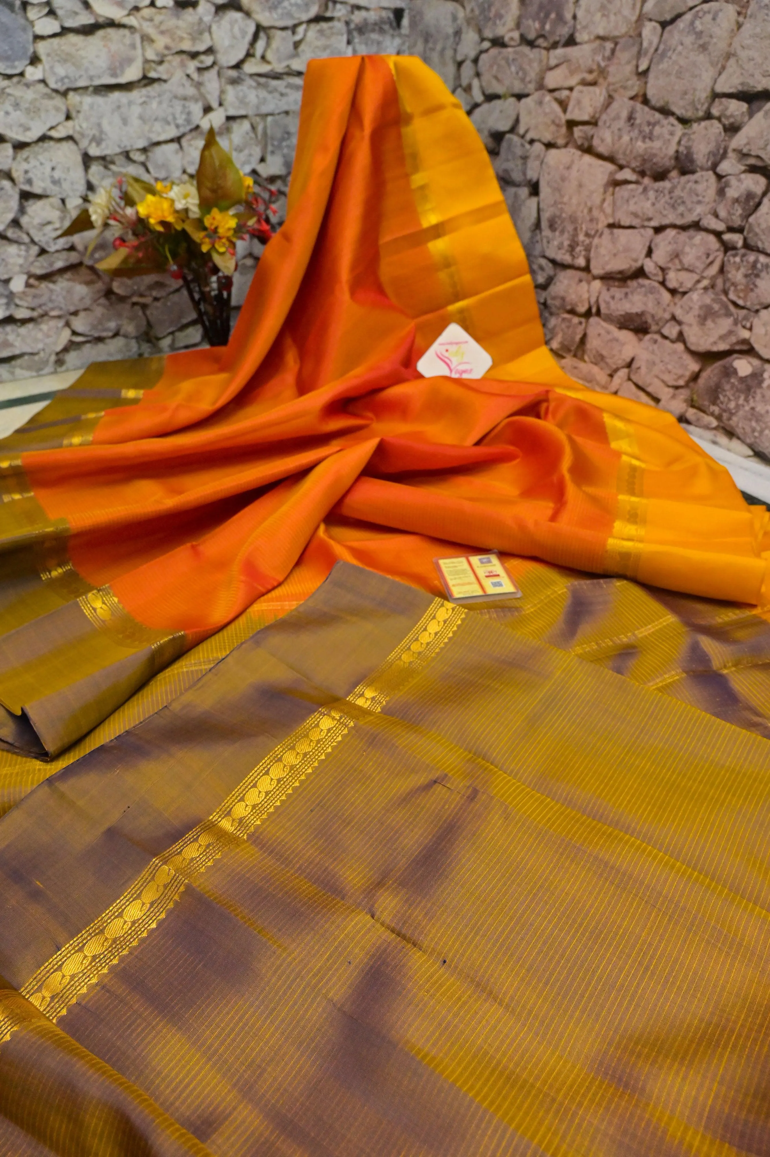 Light Orange and Yellow Dual Tone Kanjeevaram Silk with Stripes