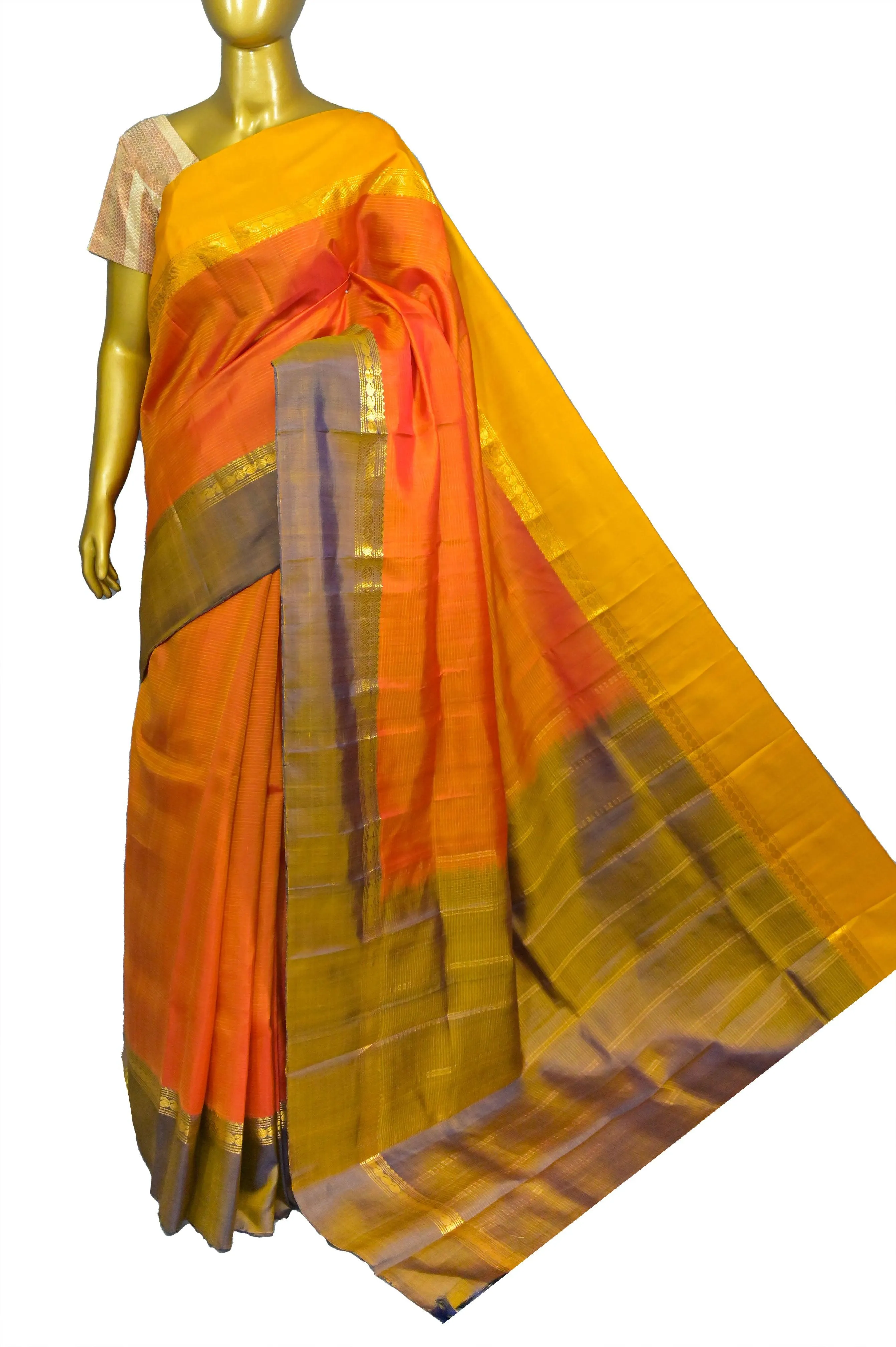 Light Orange and Yellow Dual Tone Kanjeevaram Silk with Stripes